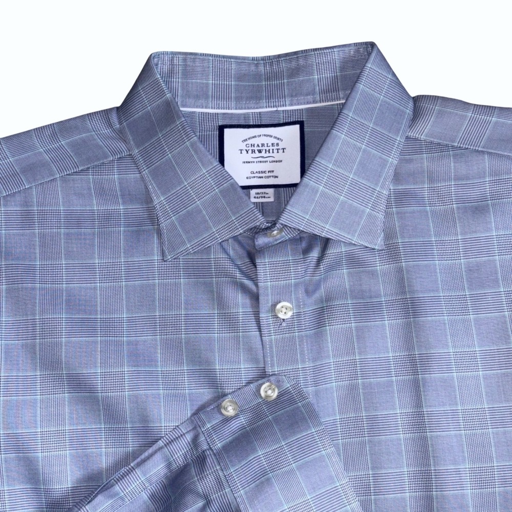 Charles Tyrwhitt 18/37 Egyptian Cotton Classic Fit Shirt Button Up Blue Plaid